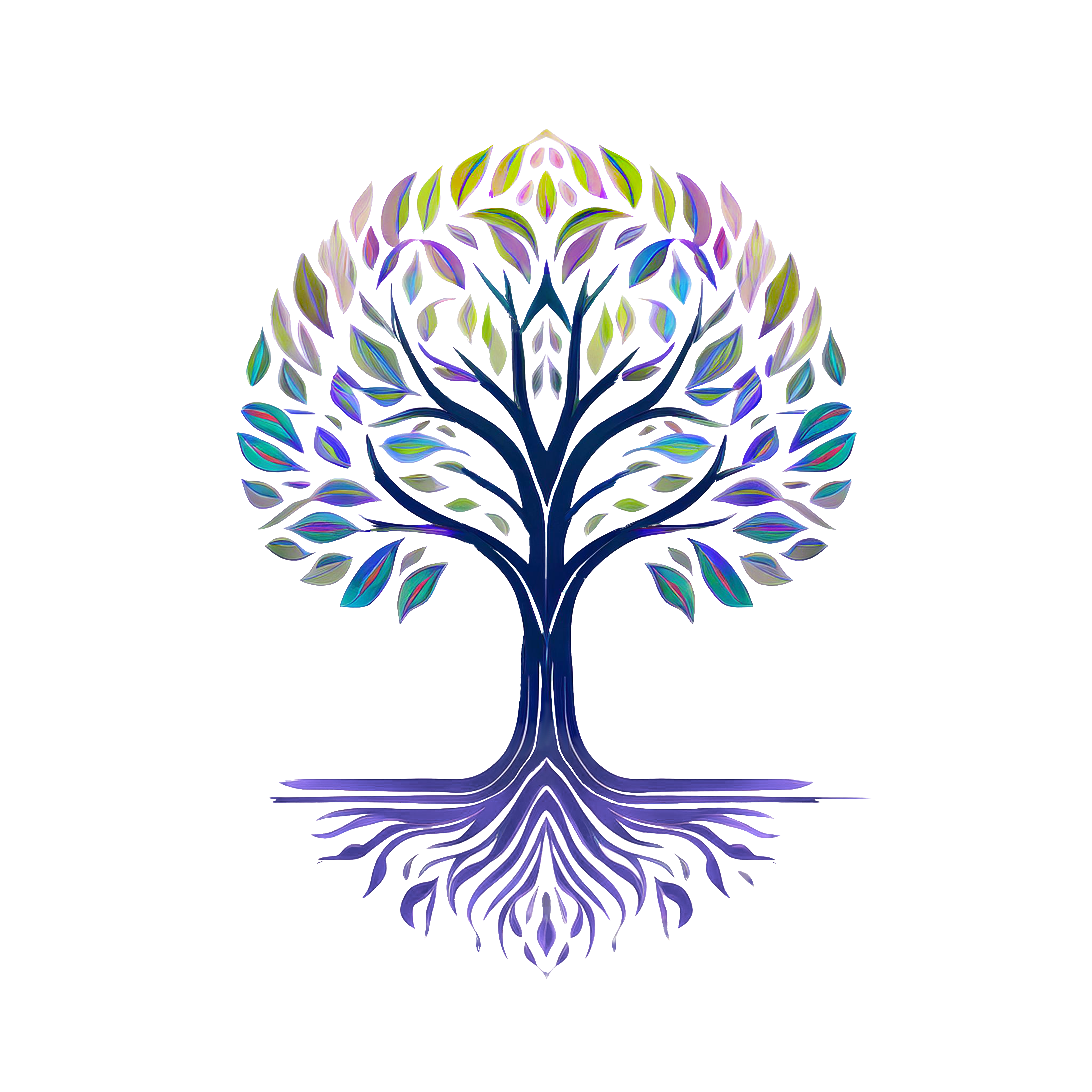 A stylized tree design with colorful leaves and intricate roots, symbolizing growth and nature.